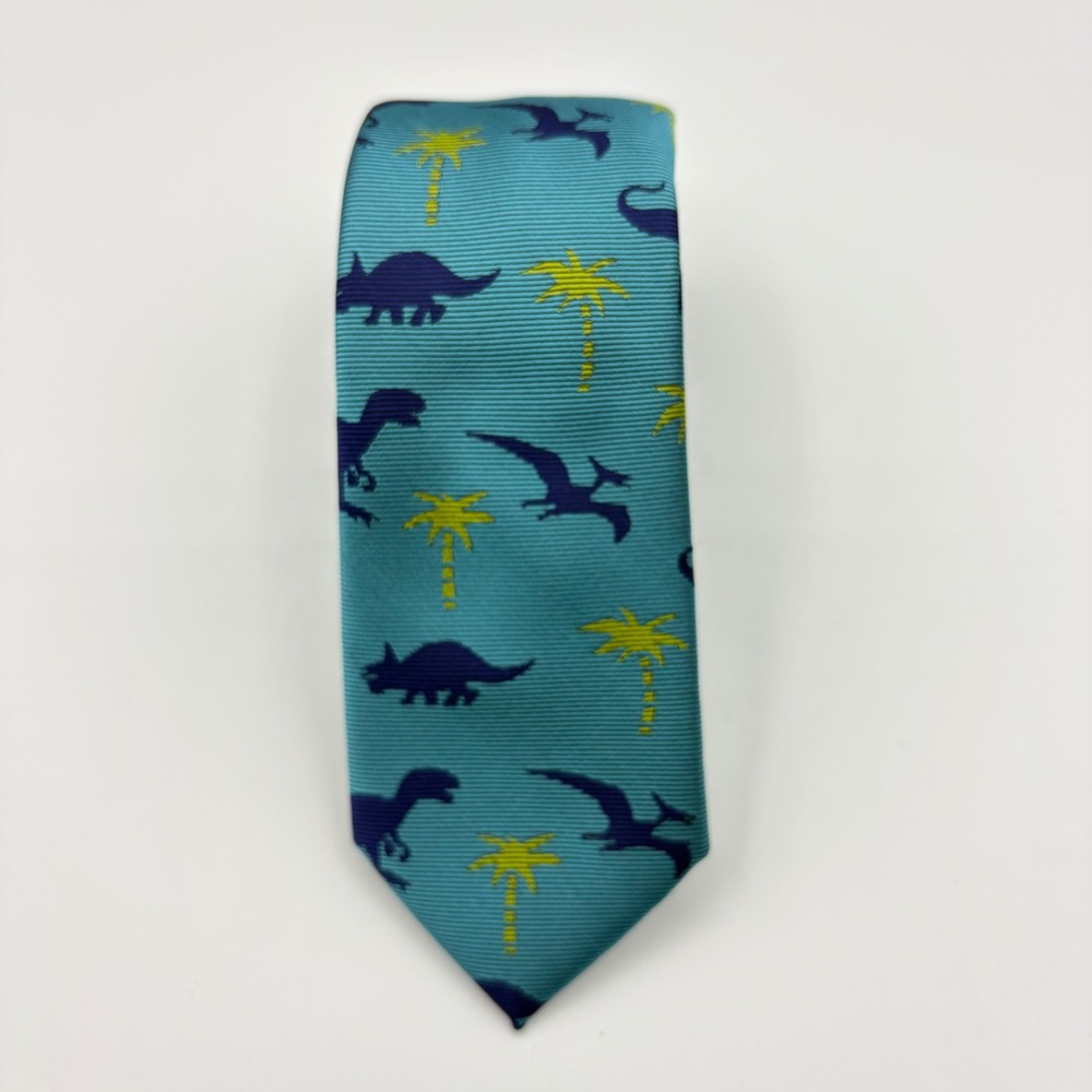 Lands' End Youth Dinosaur Necktie Teal Navy Green Palm Trees Jurassic Fun